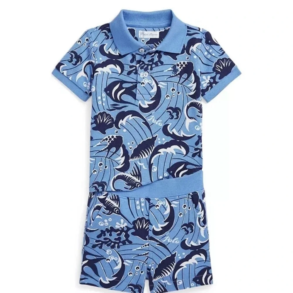 Blue Patterned Polo Shirt and Shorts Set